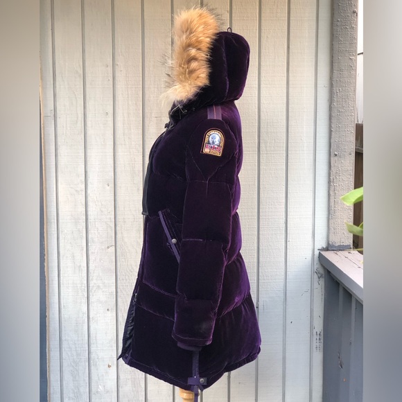 Parajumpers Real Fur Hooded Purple Velvet Down Puffer Knee Length Jacket Coat XS - Picture 2 of 16